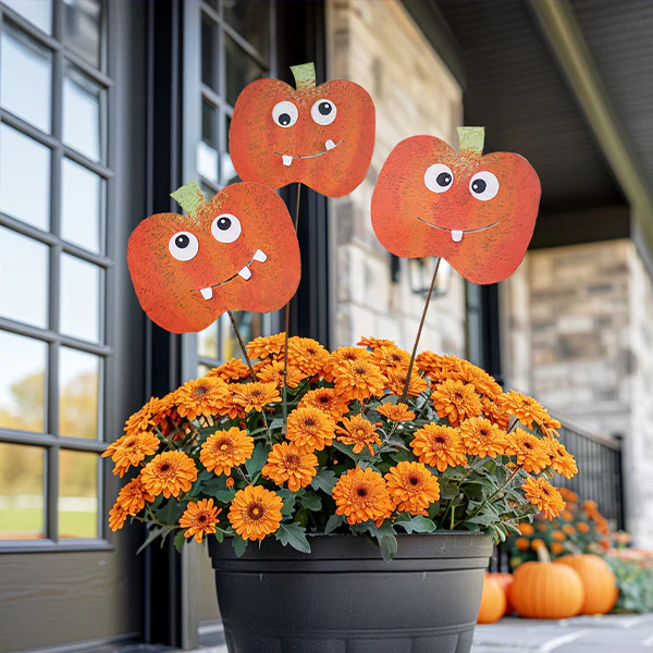 Painted Metal Jack-O-Lantern Yard Stakes, Set of 3