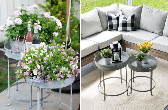 LARGE Galvanized Round Tray Tables  Set of 2