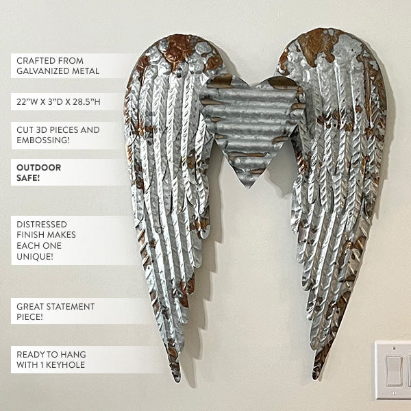 Large Distressed Angel Wings Outdoor Metal Wall Decor