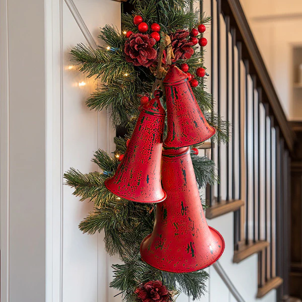 Distressed Red Metal Christmas Bells, Set of 3