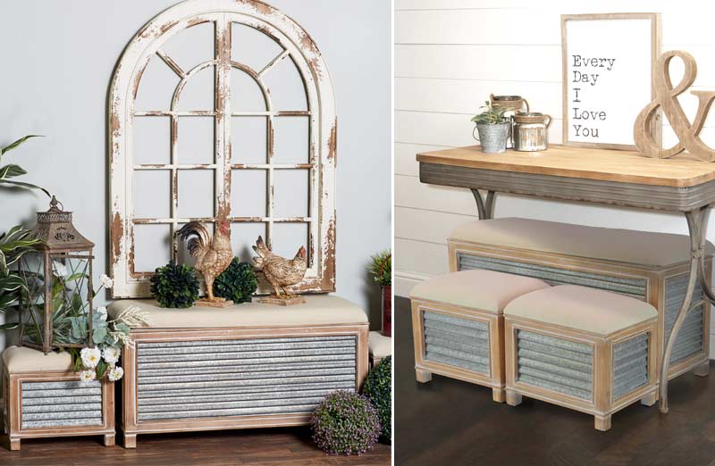 Corrugated Metal Storage Bench With Two Ottomans