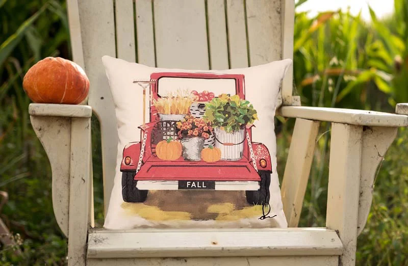 Double Sided Feedsack Red Truck Pillow