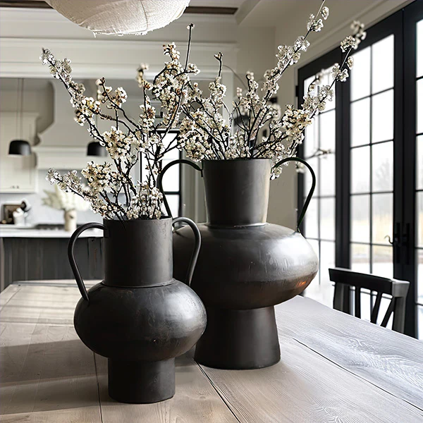 Waxed Metal Black Urn Vases, Set of 2