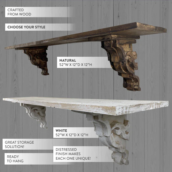 Long Distressed Corbel Mantel Shelf, Pick Your Color