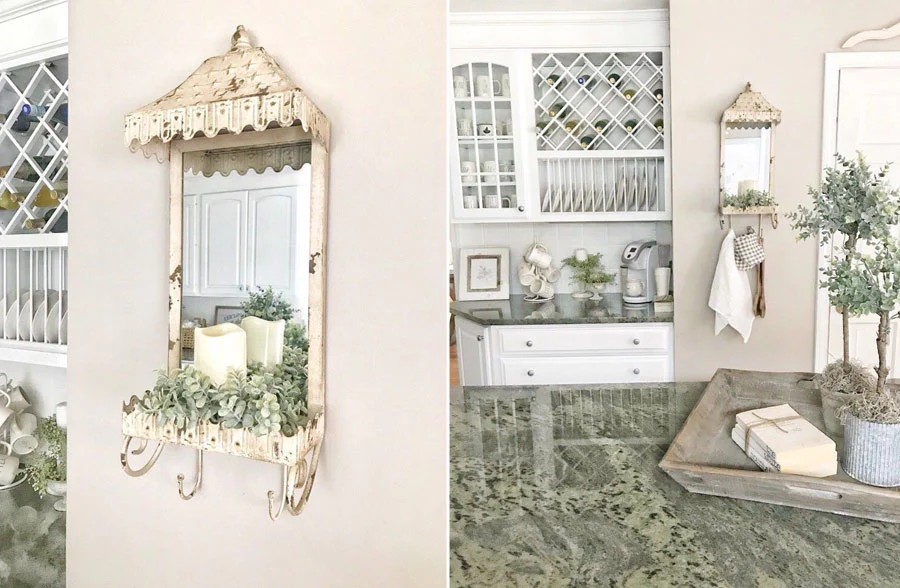 Distressed Awning Mirror With Coat Hooks