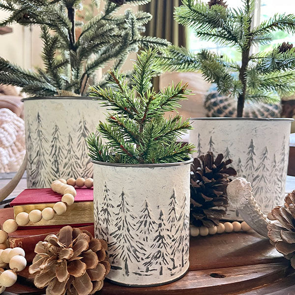 Snowy Tree Embossed Metal Christmas Planters, Set of 3