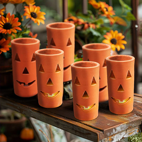 Tall Terracotta Jack-O-Lanterns, Set of 6