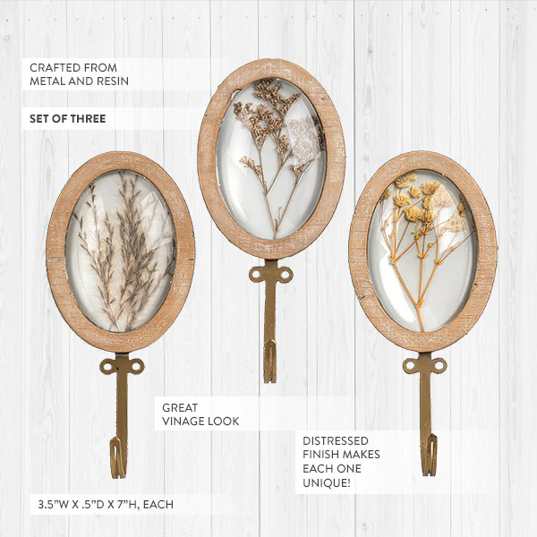 Oval Pressed Flower Wall Hanging Hooks, Set of 3