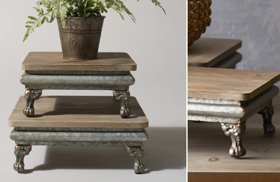 Galvanized Metal and Wooden Pedestal Risers, Set of 2