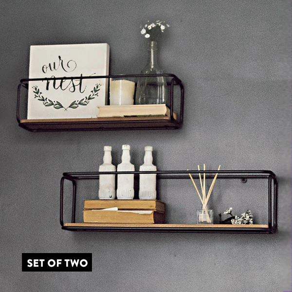 Industrial Metal Framed Wall Shelves, Set of 2