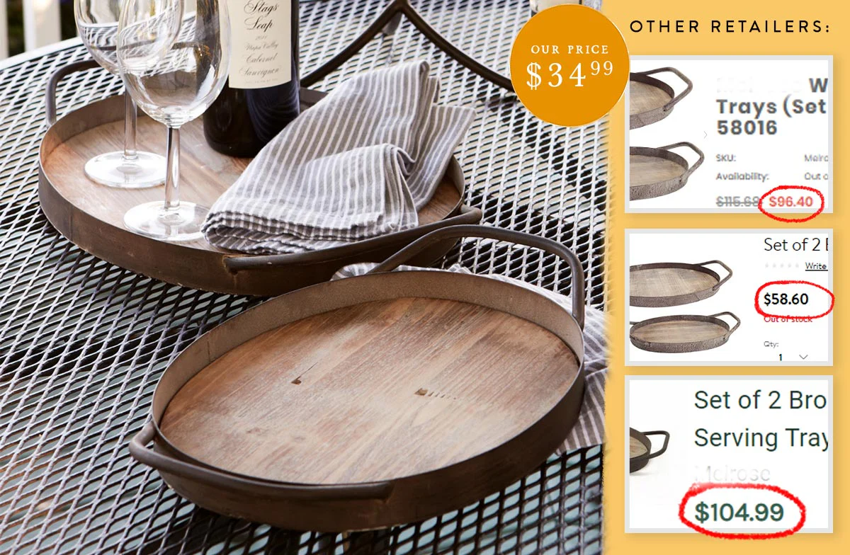 Wood Trays With Metal Handles, Set of 2