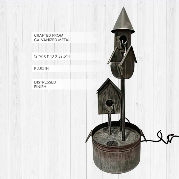 32 Inch Galvanized Rustic Metal Birdhouse Garden Fountain