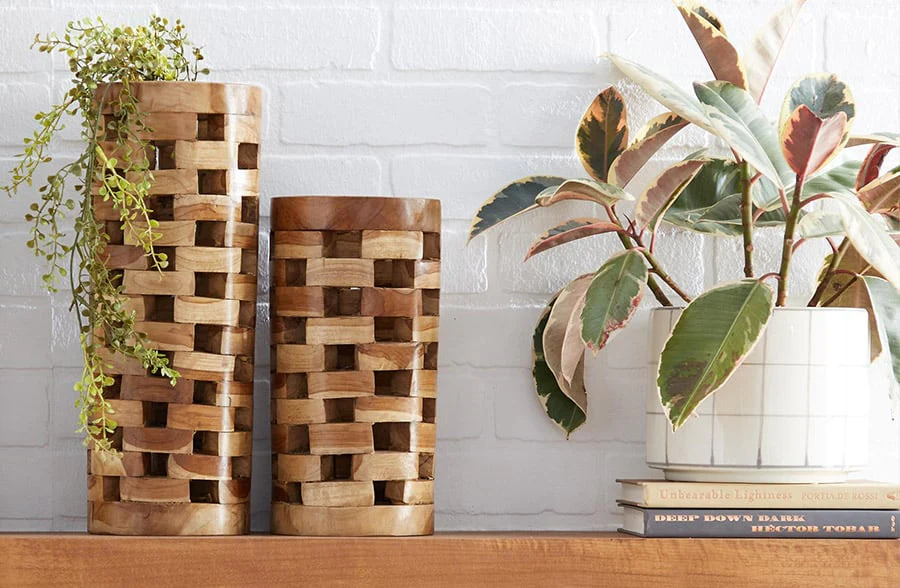 Teak Blocked Vases, Set of Two