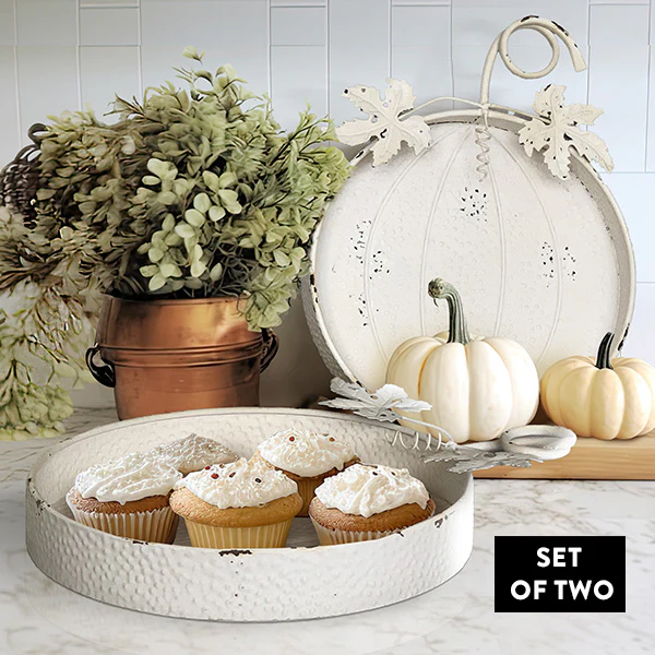 Chippy Whitewashed Pumpkin Trays, Set of 2