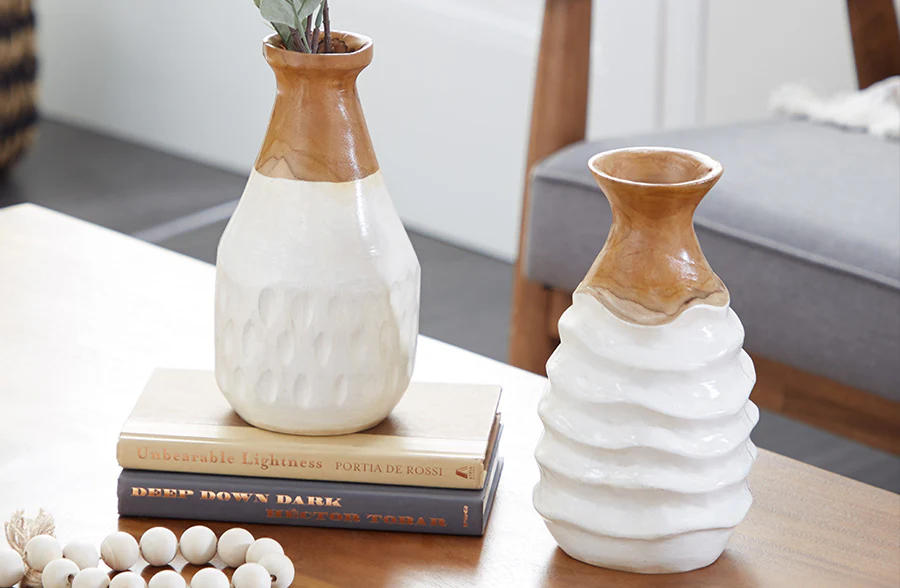 White Teak Wood Table Vase Set, Pick Your Style