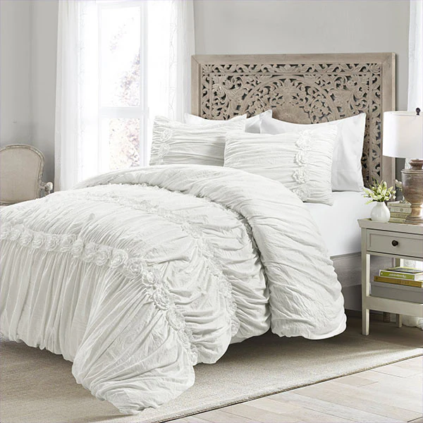 White Ruched Comforter with Flower Detail 3 Piece Set, Pick Your Size