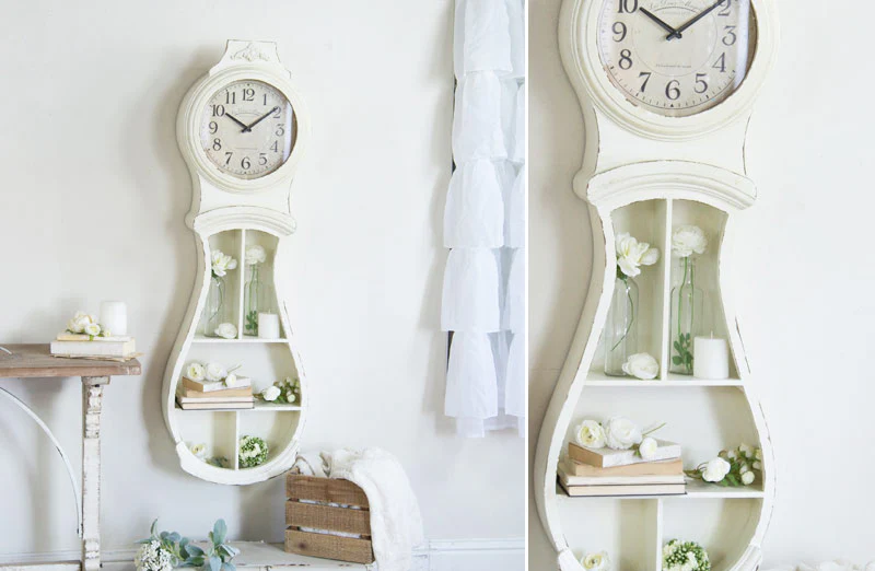 *HUGE* Distressed Wooden Wall Clock With Shelving