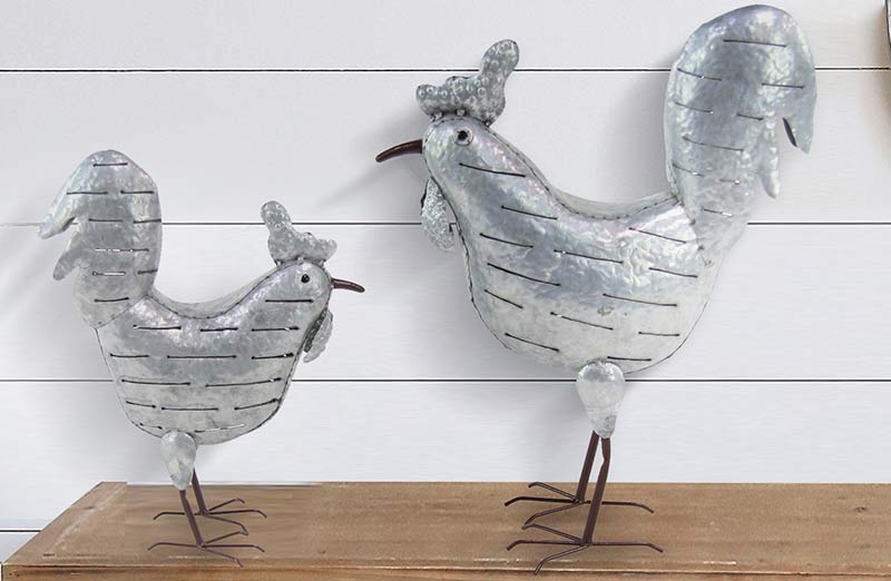 Galvanized Metal Pecking Roosters  Set Of 2