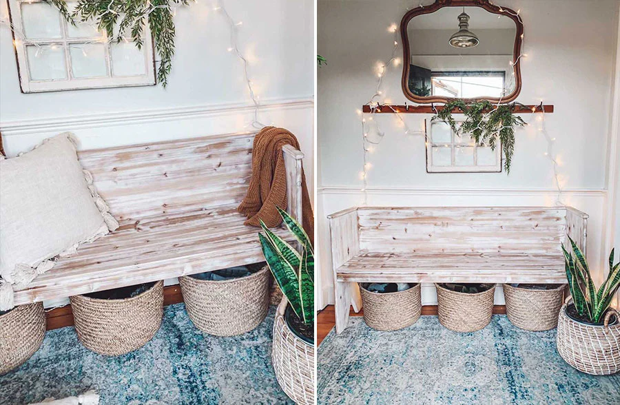 HUGE Distressed Whitewashed Wooden Bench