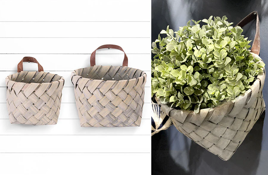 Woven Baskets with Leather Handles, Set of 2