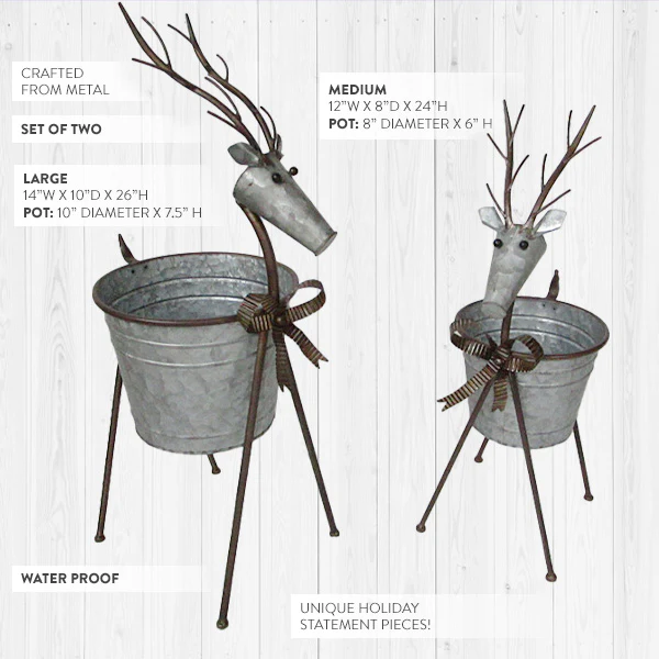 Galvanized Metal Reindeer Planters, Set of 2