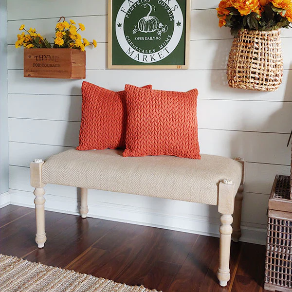 Wood and Burlap Cushioned Bench