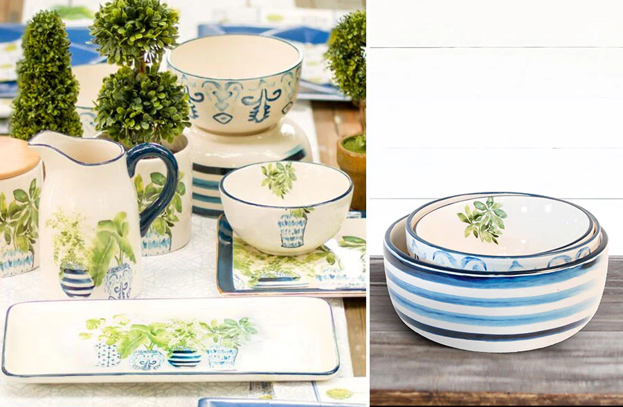 Ceramic Hand painted Blue Topiary Bowls, Set of 3