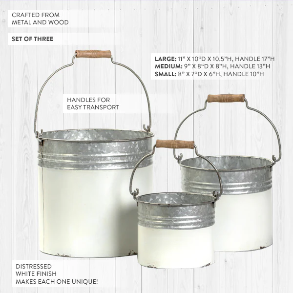 Galvanized Metal and White Buckets, Set of 3