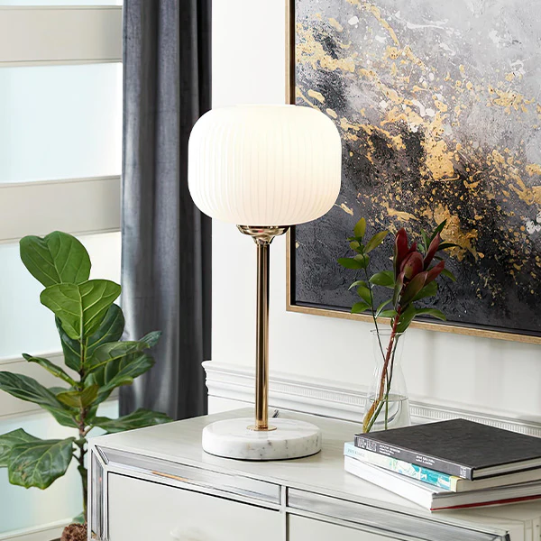 Marble Metal Table Lamp with White Glass Shade