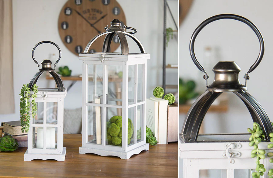 Whitewashed Wood and Metal Lanterns, Set of 2