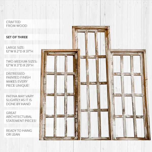 Shabby Chic Wooden Window Frames, Set of 3