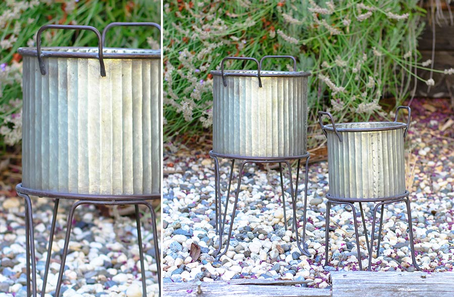 Galvanized Ribbed Standing Planters, Set of 2