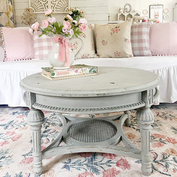 Distressed Round Wood Coffee Table with Shelf