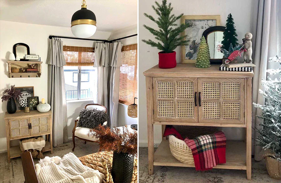 French Cane Wooden Storage Table