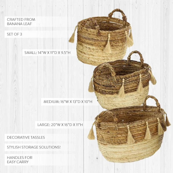 Round Banana Leaf Storage Baskets with Tassels, Set of 3