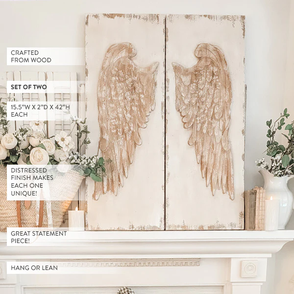 42 Inch Distressed Angel Wings Wood Wall Decor, Set of 2