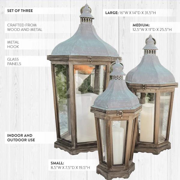 Wood and Galvanized Metal Lanterns, Set of 3