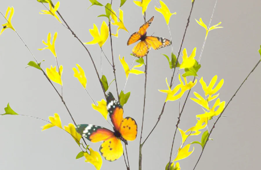 Lifelike Forsythia Spray With Butterflies, Set of 2
