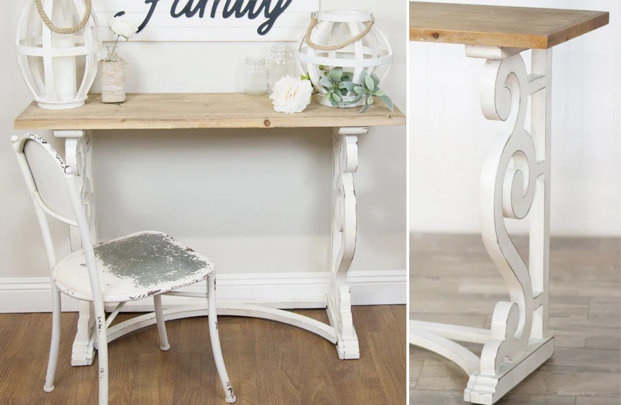Whitewashed Scroll Detail Wooden Console Table