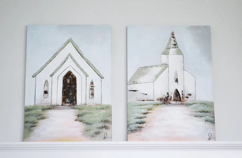 Hand Painted Steeple and Church Canvas  Set of 2
