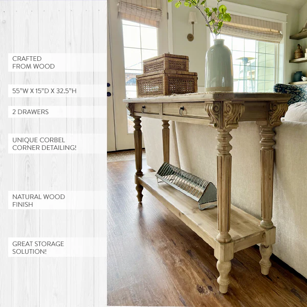 55 Inch Hand Carved Wood Console Table with Drawers
