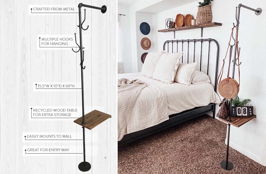 Industrial Coat Rack with Recycled Wooden Side Table