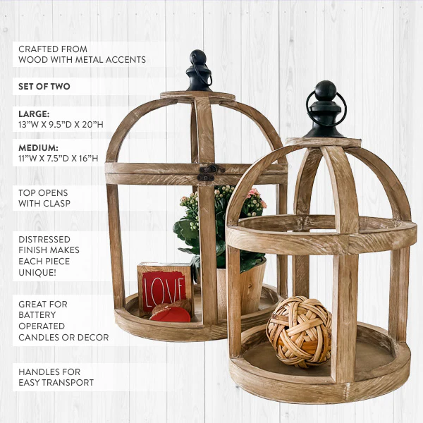 Wood Oval Cloche Style Lanterns, Set of 2