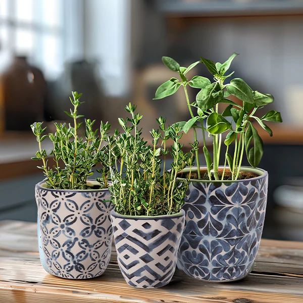 Patterned Spring Blue Planters, Set of 3