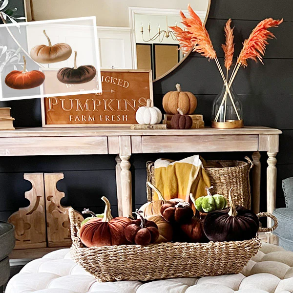 Neutral Velvet Pumpkin with Stem, Set of 3