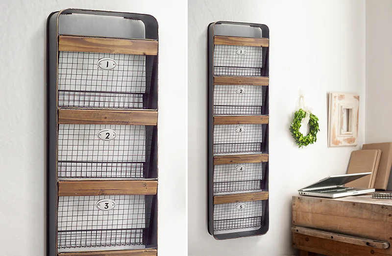 HUGE Five Basket Wood and Metal Wall Organizer