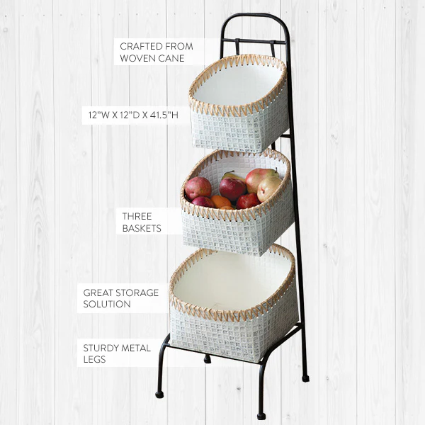 41.5 Inch Tall Three Tier Cane Basket Stand