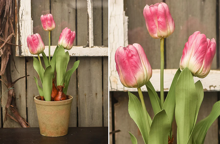 Lifelike Potted Pink Tulips