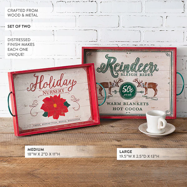 Vintage Inspired Wood Holiday Serving Trays with Handles, Set of Two