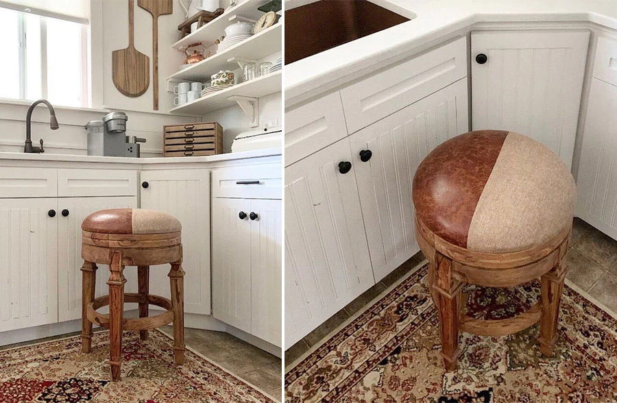 Leather Patchwork Wooden Stool